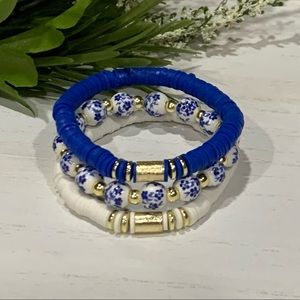 14K Gold Plated Custom Bracelet Stack - set of 3 - Blue & White Heishi
